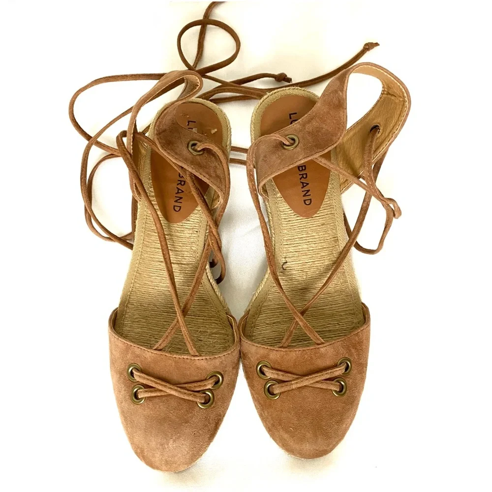 LUCKY BRAND KELLER Suede Platform Wedge Gladiator Lace Up Espadrille Tan Sandals